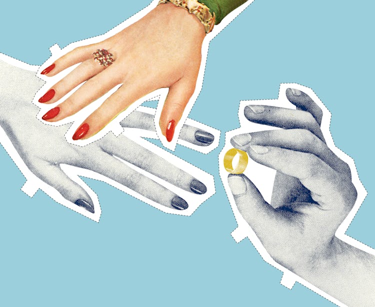 3 paper doll hands, one with a wedding ring