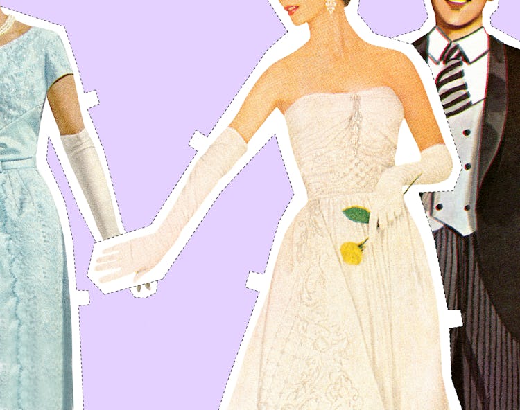 A paper doll bride and another woman exchange a sapphic gesture while the groom looks on in the back...