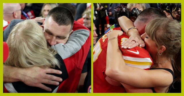 After Travis Kelce greeted his mom, Donna, and girlfriend, Taylor Swift after his Super Bowl win, th...
