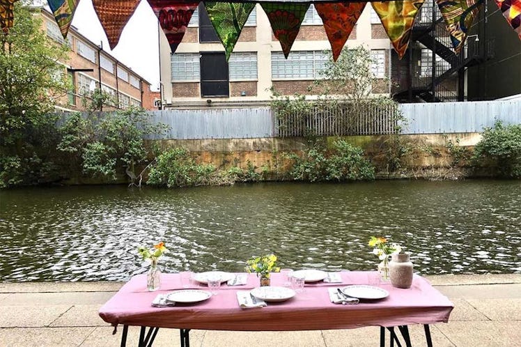 A view of a London canal from Towpath, a café