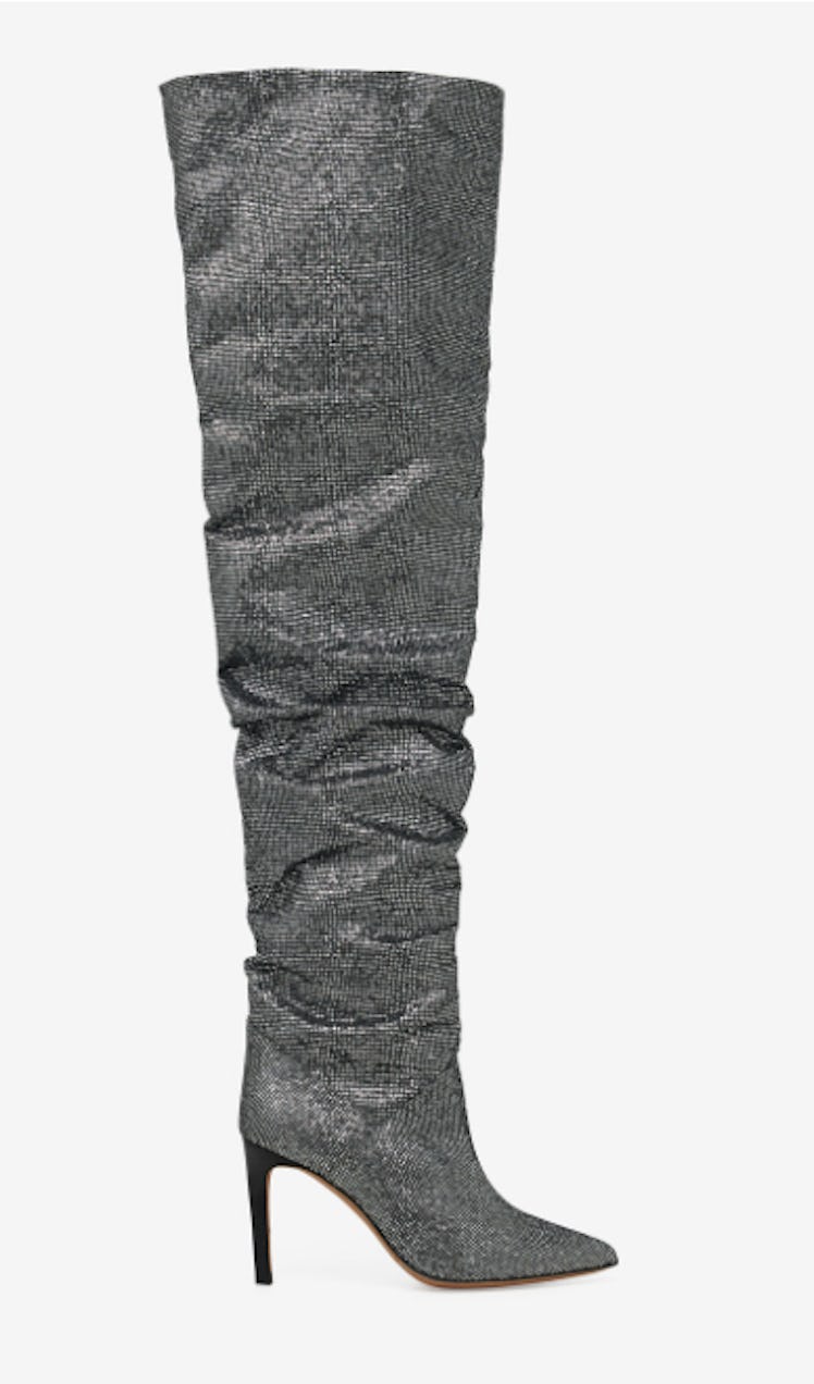 gray glitter thigh-high boots