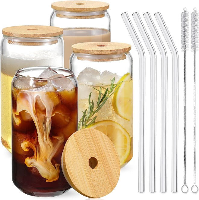  NETANY Drinking Glasses with Bamboo Lids and Glass Straws