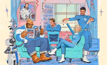 Illustration of Fantastic Four members relaxing in a room, with The Thing reading and others loungin...
