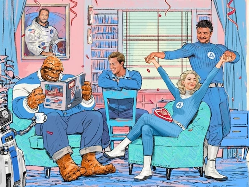 Illustration of Fantastic Four members relaxing in a room, with The Thing reading and others loungin...