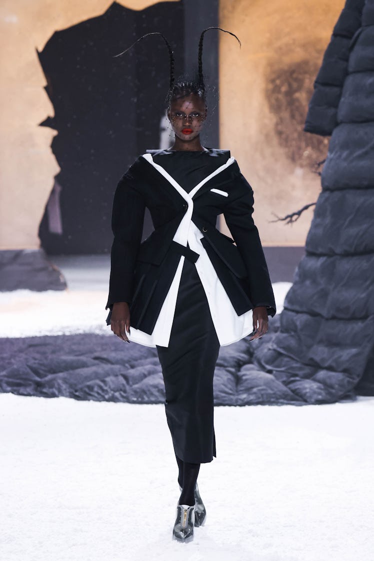 A model walks the runway at the Thom Browne Fall 2024 fashion show at The Shed during New York Fashi...