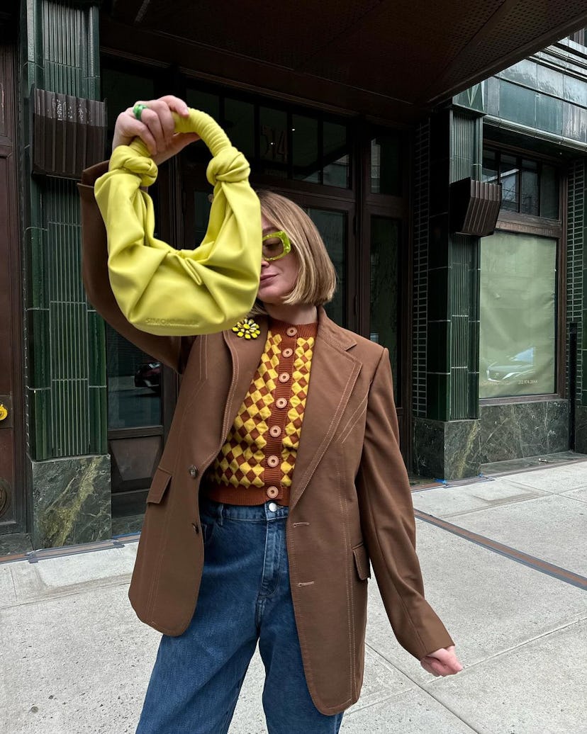 kelsey stiegman wears a grandpa aethetic outfit at new york fashion week fall/winter 2024