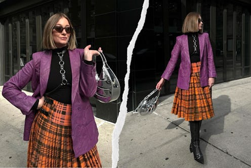 kelsey stiegman attends new york fashion week 2024 in an orange plaid skirt and purple leather blaze...