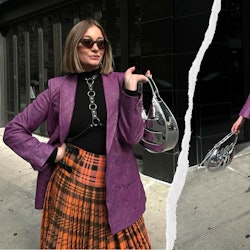 kelsey stiegman attends new york fashion week 2024 in an orange plaid skirt and purple leather blaze...