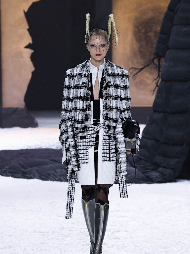 A model walks the runway at the Thom Browne Fall 2024 fashion show at The Shed during New York Fashi...