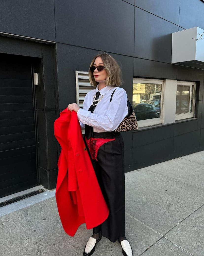 kelsey stiegman wears vaquera red thong pants at new york fashion week fall/winter 2024