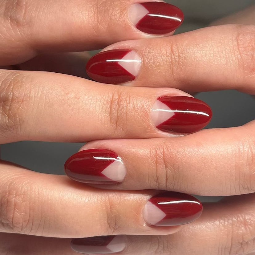 V-shaped half moon manicures are on-trend.