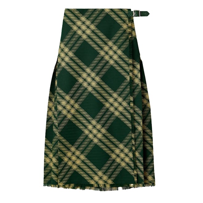 Pleated checked wool midi wrap skirt