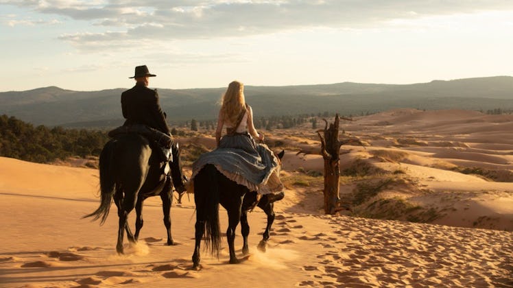 A man in black and a woman on horses ride into the distance