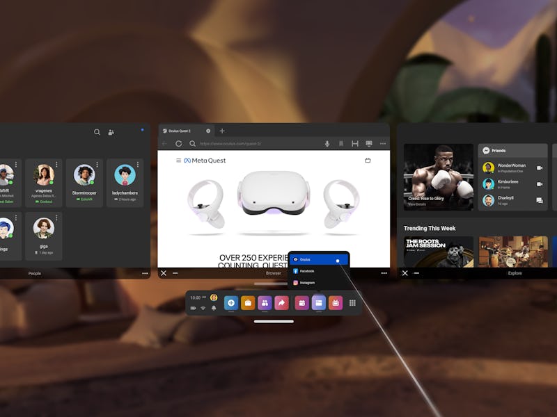 Meta Quest UI with three apps open at once