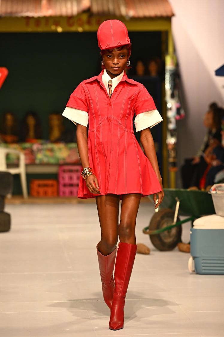 A model walks the runway at the Tolu Coker show during London Fashion Week February 2024 at the BFC ...