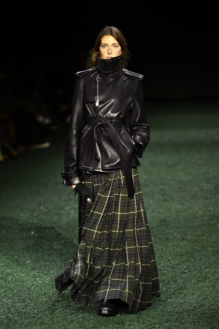  A model walks the runway at the Burberry show during London Fashion Week February 2024 at on Februa...