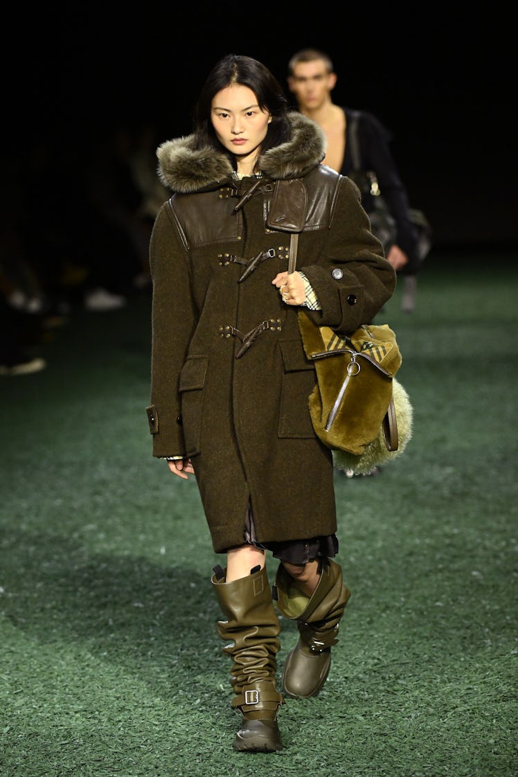 A model walks the runway at the Burberry show during London Fashion Week February 2024 at on Februar...