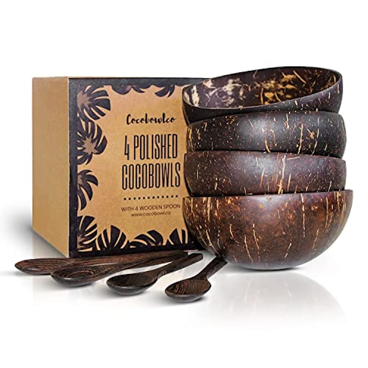 COCOBOWLCO Coconut Bowl & Wooden Spoons Set (4-Pack)