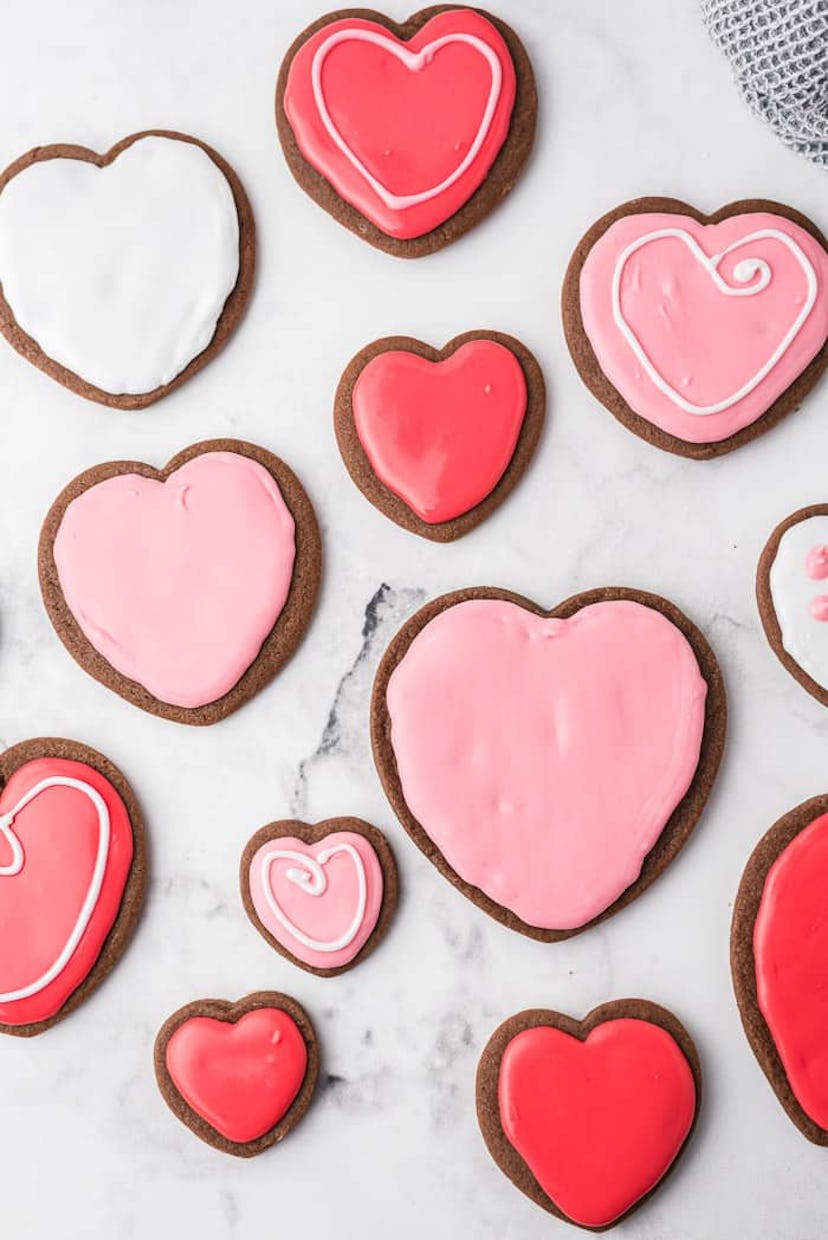 Chocolate heart cut-out cookies, which are easy cookies to make for Valentine's Day.