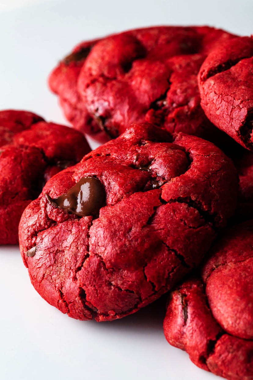 Red velvet cake mix cookies with chocolate chips, which are easy cookies to make for Valentine's Day...