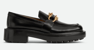 black chunky loafers with gold hardware