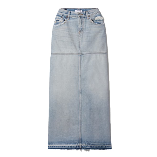 Frayed Paneled Organic Denim Maxi Skirt