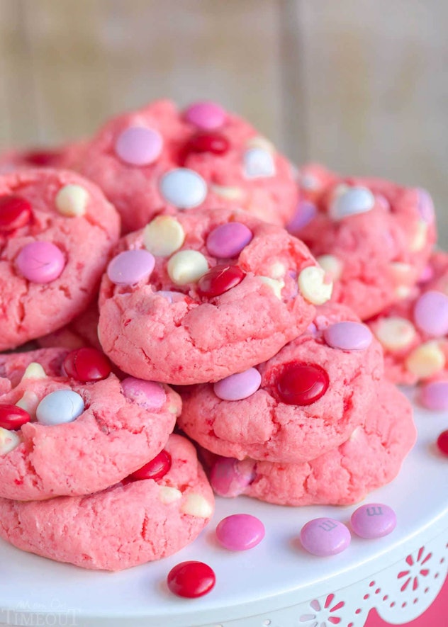 Strawberry & white chocolate cake mix cookies, which are easy cookies to make for Valentine's Day.
