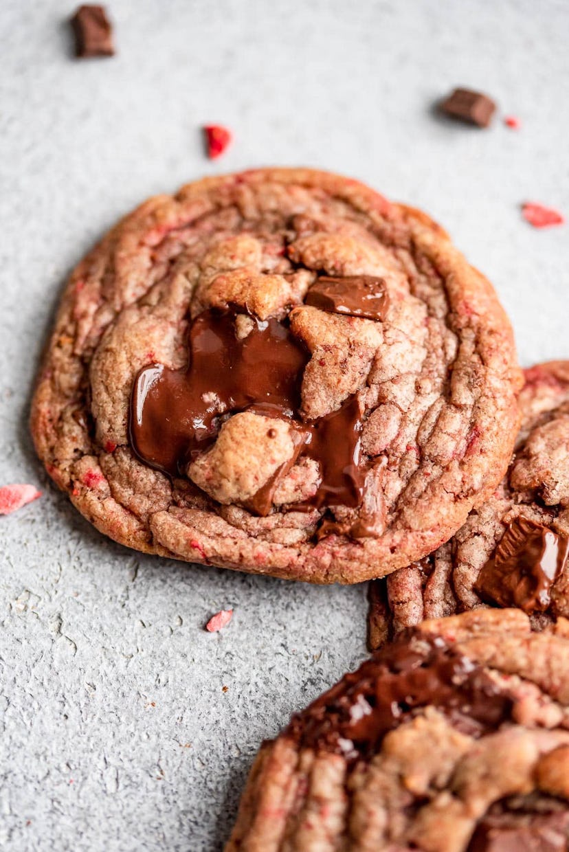 Strawberry chocolate chip cookies, which are easy cookies to make for Valentine's Day.