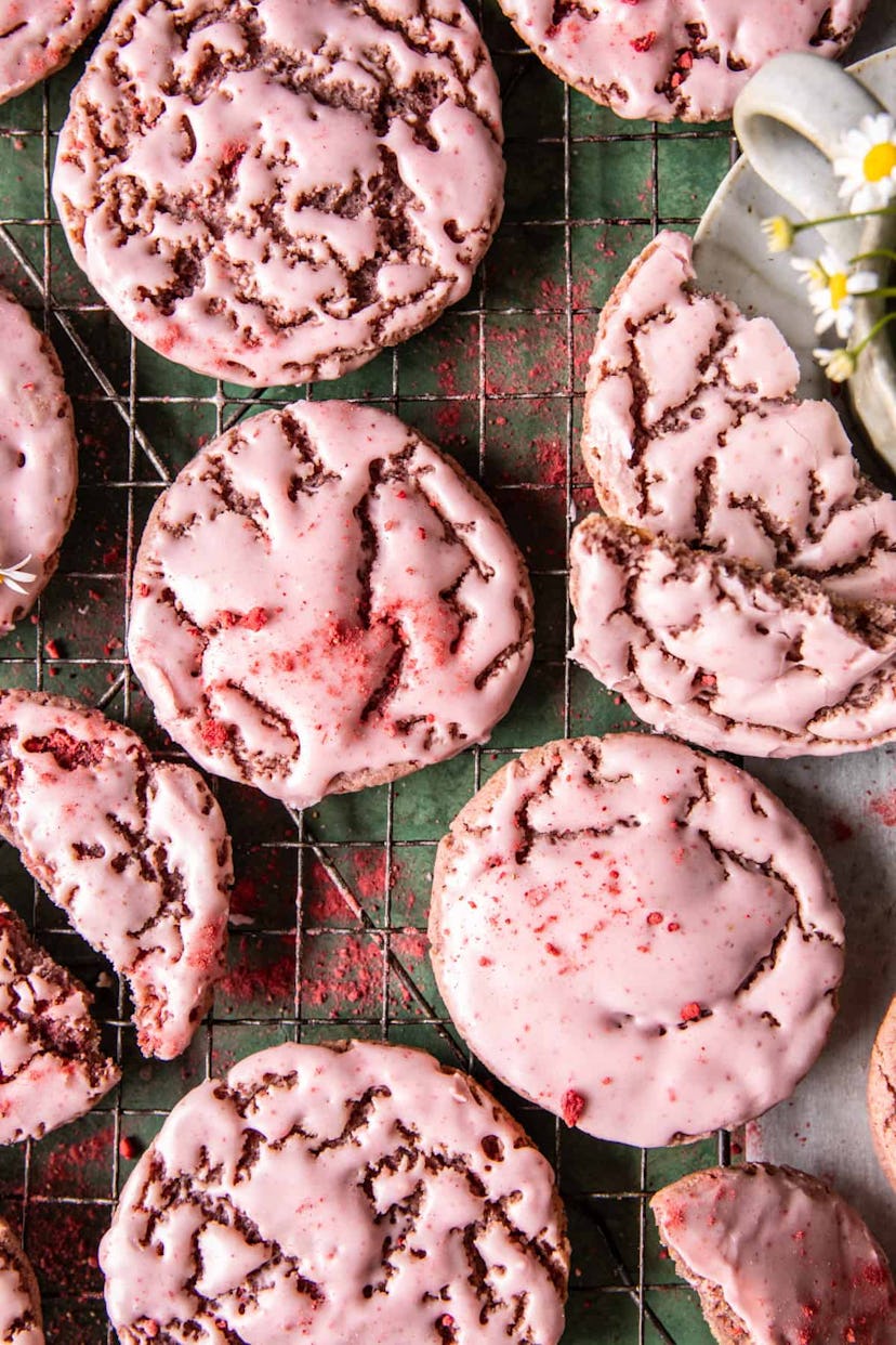 Frosted strawberry sugar cookies, which are easy cookies to make for Valentine's Day.