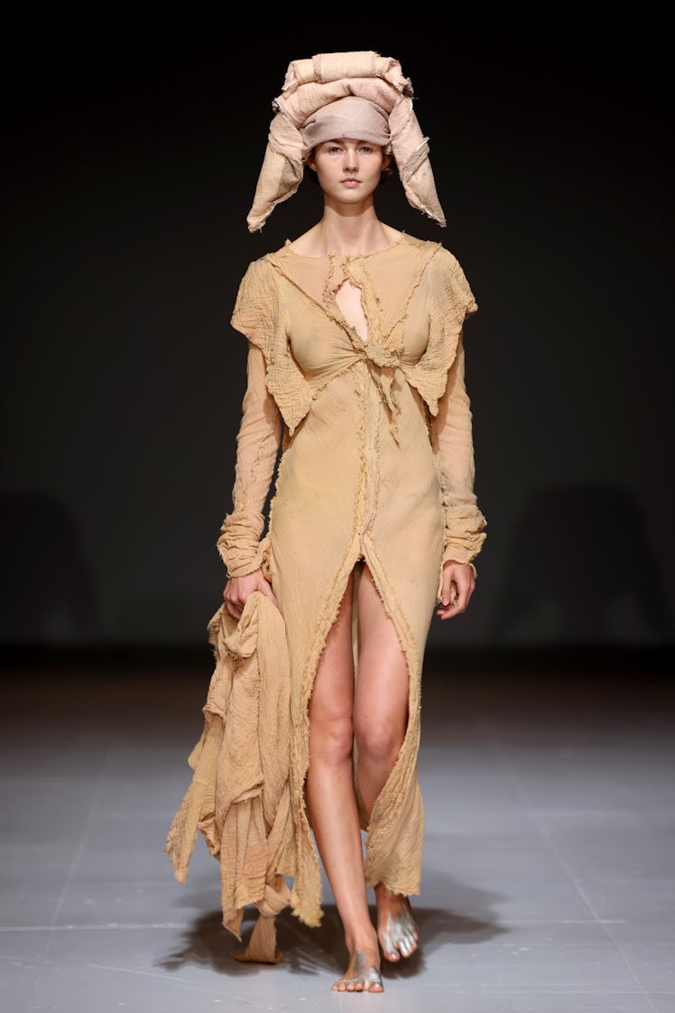 A model walks the runway at the Paolo Carzana show during London Fashion Week February 2024 at the B...