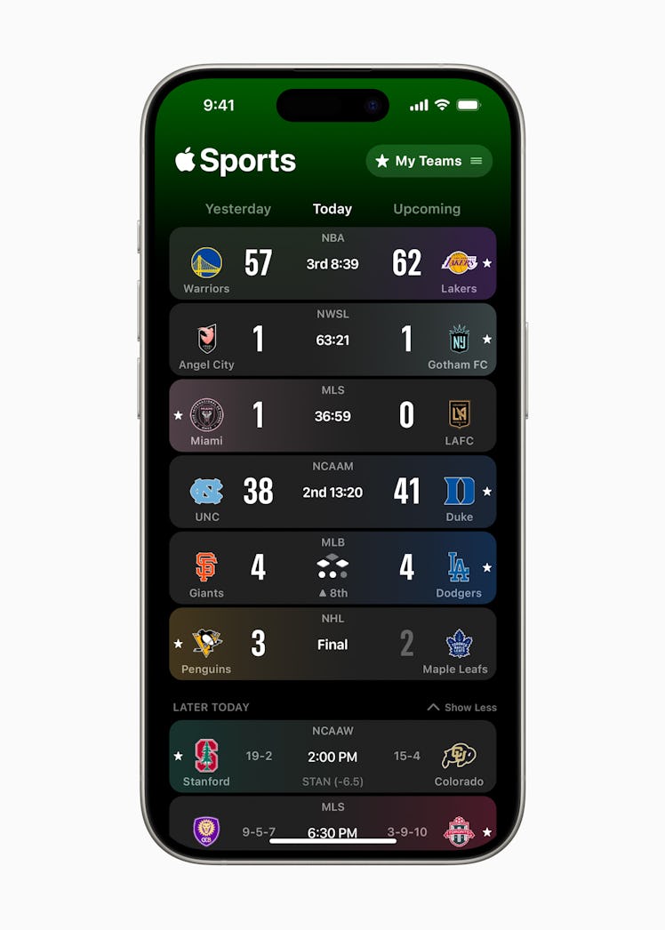 Apple Sports iPhone app main screen view