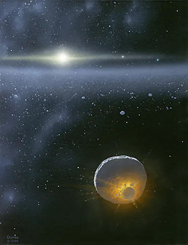 The side of an icy hunk of rock glows as its struck by another object. The collision is happening fa...