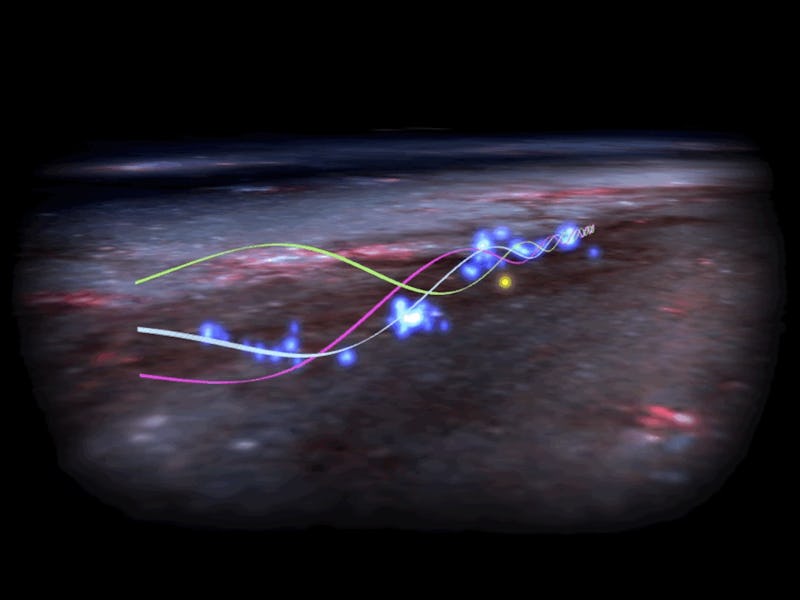 Digital illustration of gravitational waves rippling through space-time, represented by colored line...