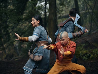 Kiawentiio as Katara, Gordon Cormier as Aang, Ian Ousley as Sokka in Avatar: The Last Airbender