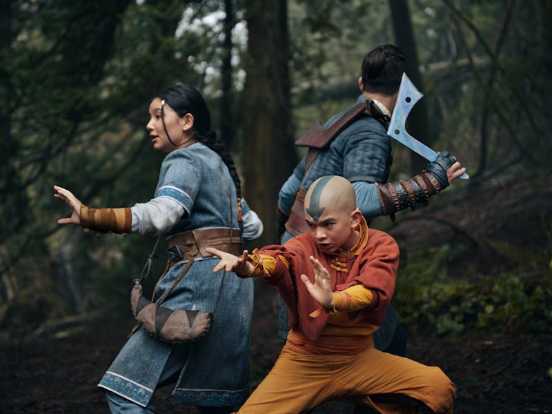 Kiawentiio as Katara, Gordon Cormier as Aang, Ian Ousley as Sokka in Avatar: The Last Airbender
