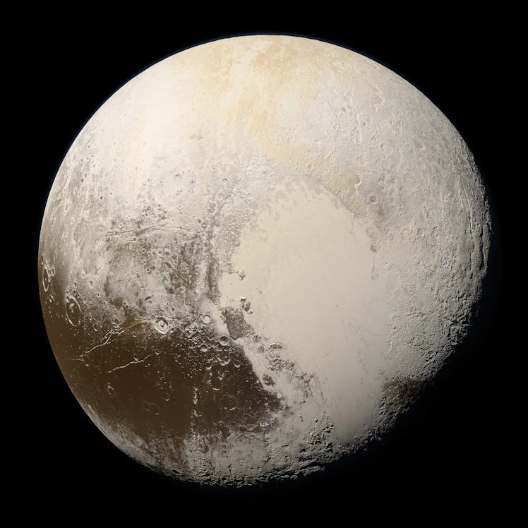 The dwarf planet Pluto is icy and covered in rough textures. A heart-shaped region appears on its si...