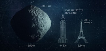 The roughly-spherical shape and size of asteroid Bennu, illustrated on the left, is larger than the ...
