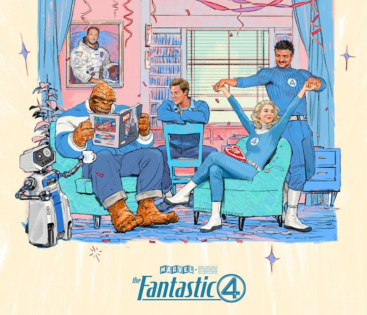 The new poster for Marvel's Fantastic Four, featuring Ebon Moss-Bachrach, Joseph Quinn, Vanessa Kirb...