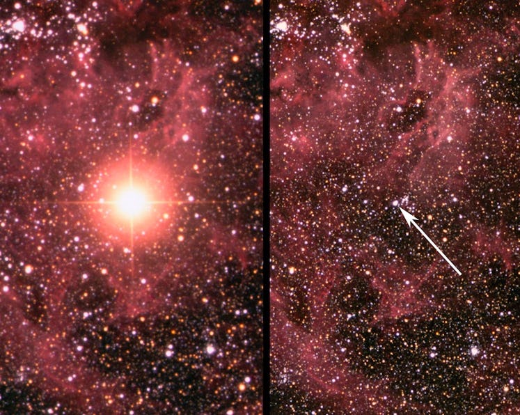 two images of a starfield, with one star flaring especially large and bright on the left, and the sa...