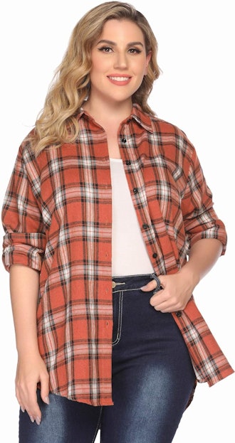 IN'VOLAND Long Flannel Plaid Button-Down Shirt 