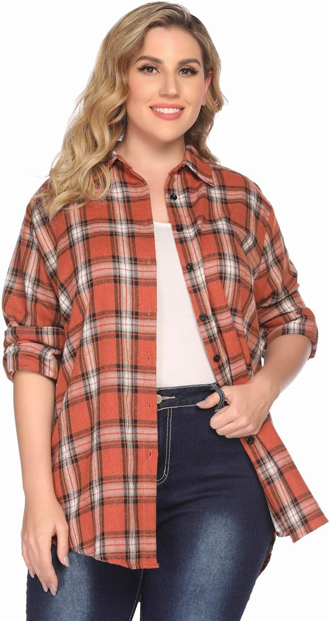 IN'VOLAND Long Flannel Plaid Button-Down Shirt 