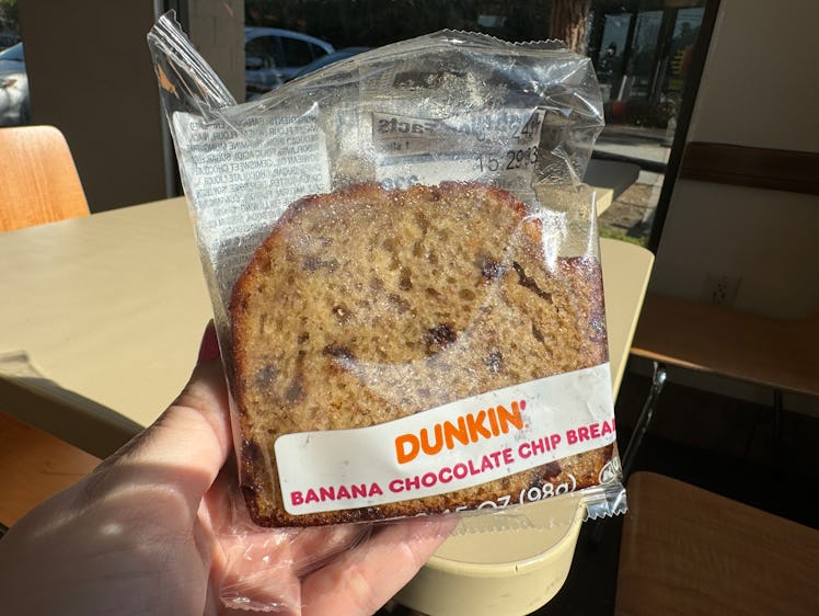 I tried Dunkin's on-the-go banana bread with chocolate chips. 