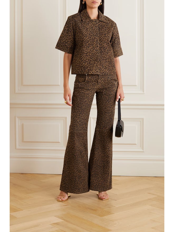 Leopard-Print Suede Flared Pants