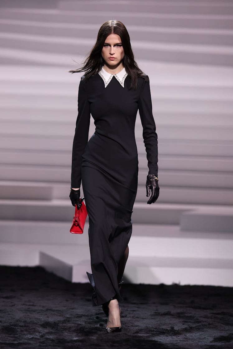 A model walks the runway at the Versace fashion show during the Milan Fashion Week Womenswear Fall/W...