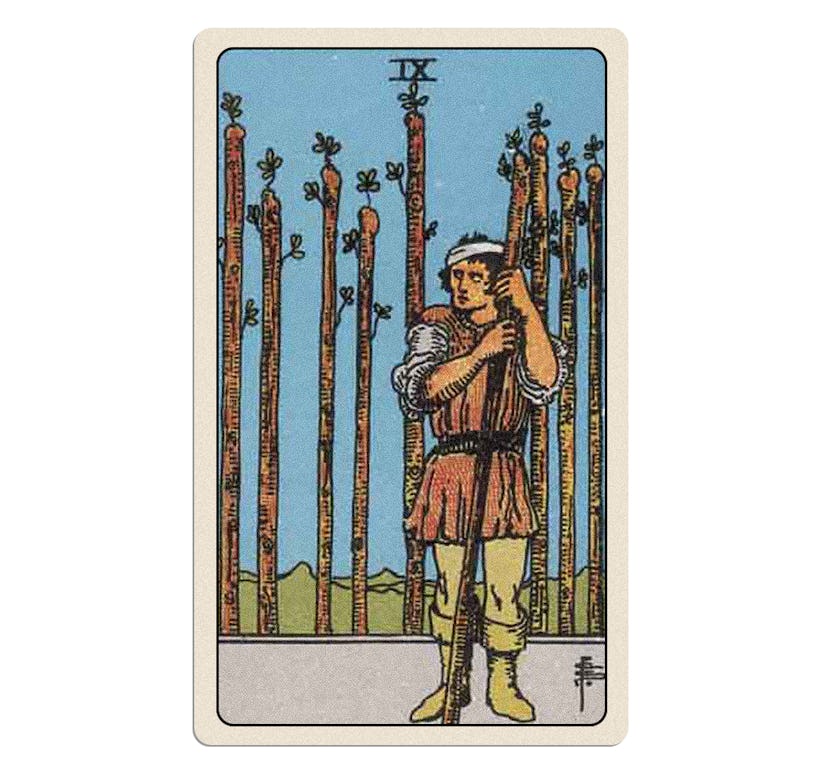 The Nine of Wands is part of your March 2024 tarot card reading.