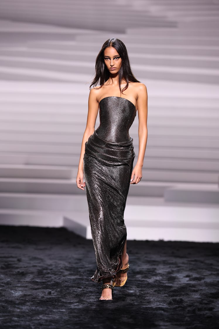 A model walks the runway at the Versace fashion show during the Milan Fashion Week Womenswear Fall/W...