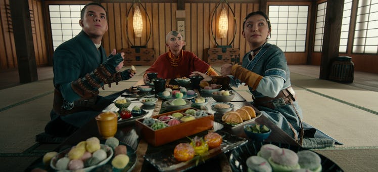 Ian Ousley, Gordon Cormier, and Kiawentiio in 'Avatar: The Last Airbender' Episode 2
