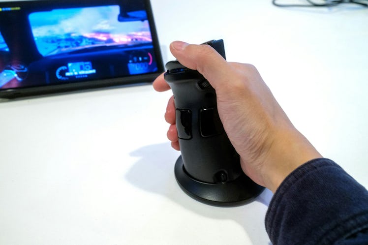 One of the controllers of the Lenovo Legion Go being used as a flight stick.