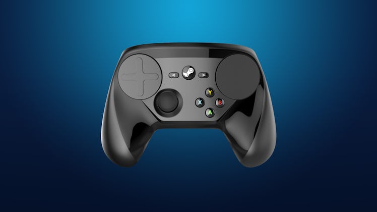 A Steam Controller viewed from the front over a blue background.