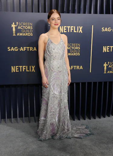Emma Stone arriving on the red carpet at the 30th Screen Actors Guild Awards in Shrine Auditorium an...